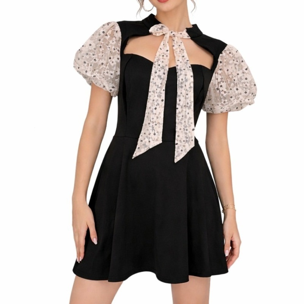 Smak Parlour Dress Womens 1X Black White Burnout Floral Puff Sleeve Rockabilly